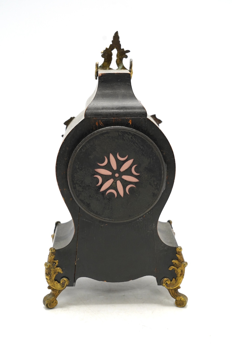 A Boulle work mantel clock with metal mounts, 30cm high. Condition - not checked for time keeping, case good
